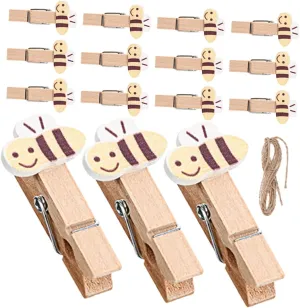 Luxshiny 50Pcs Cute Bee Shaped Clothespins with Twine Mini Wooden Clips for Photo Displays Snack Bag Closures Crafts Versatile Mini Clips for Creative Projects