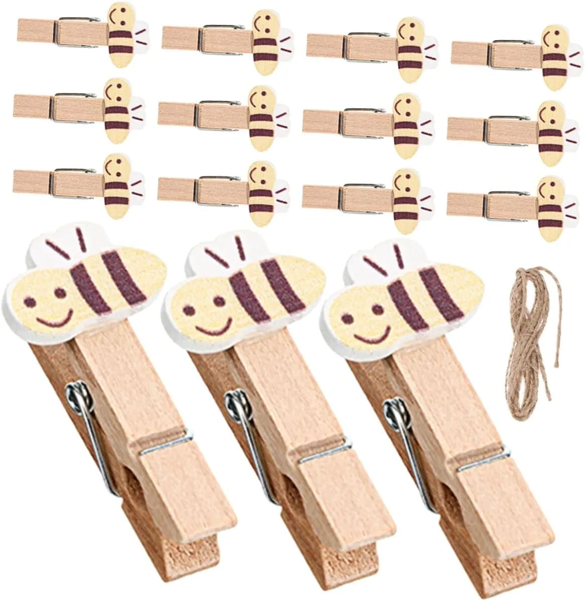 Luxshiny 50Pcs Cute Bee Shaped Clothespins with Twine Mini Wooden Clips for Photo Displays Snack Bag Closures Crafts Versatile Mini Clips for Creative Projects