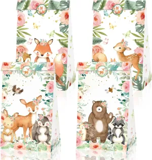 Lyosehy 24PCS Woodland Animal Gift Bags with 24PCS Animal Stickers for Kids Birthday, Baby Shower Parties