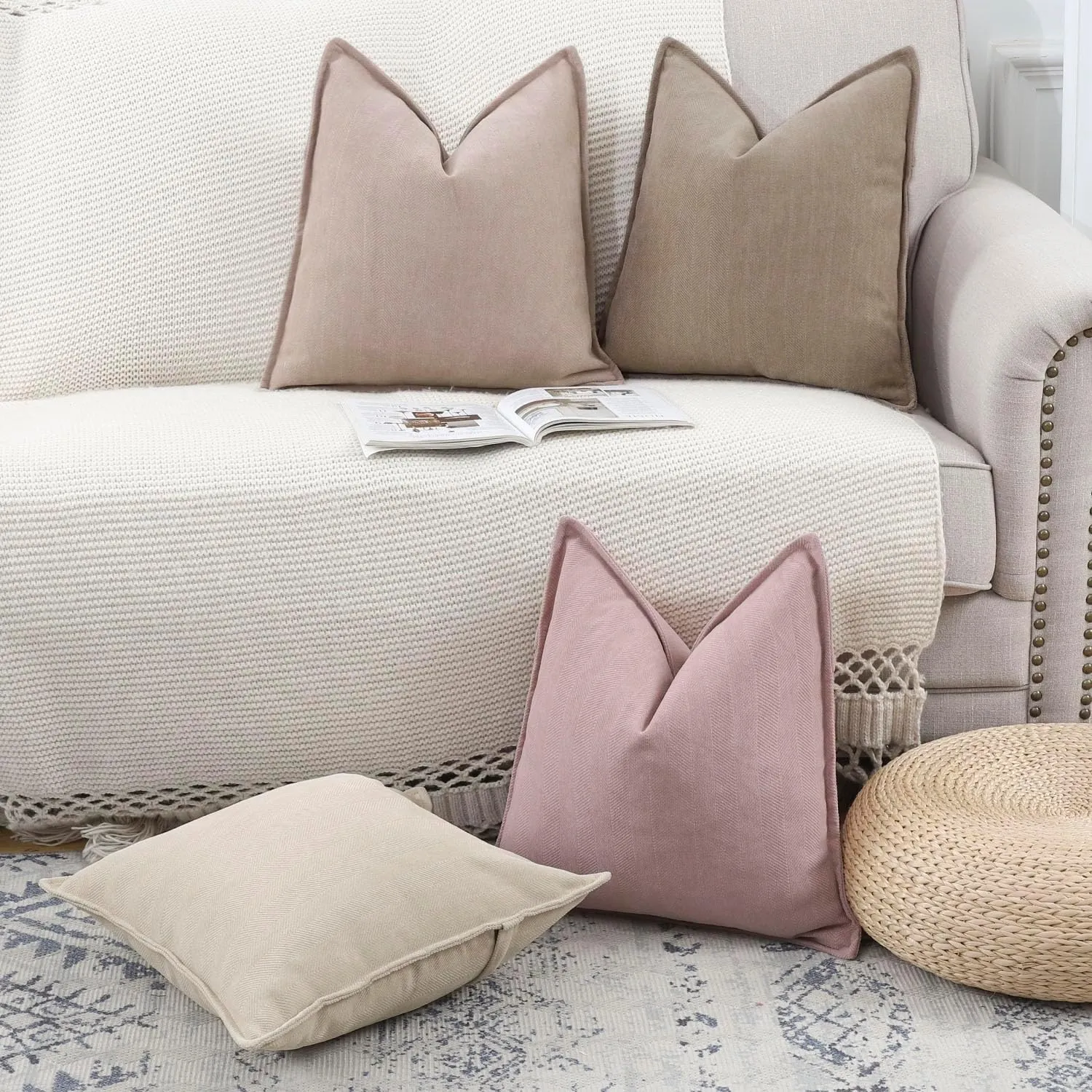 MADIZZ Textured Chenille Throw Pillow Covers Set of 2 Super Soft Decorative Pillow Covers Boho Cushion Covers Modern Pillowcases Farmhouse Home Decor for Sofa Bedroom 16x16 inch Beige