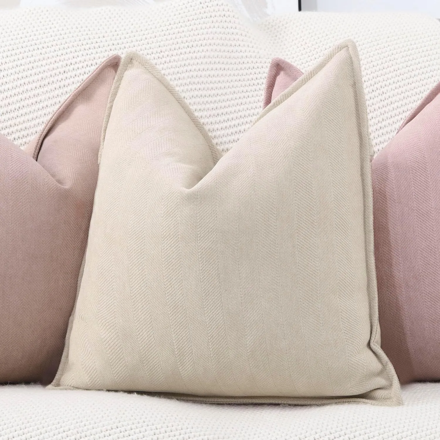 MADIZZ Textured Chenille Throw Pillow Covers Set of 2 Super Soft Decorative Pillow Covers Boho Cushion Covers Modern Pillowcases Farmhouse Home Decor for Sofa Bedroom 16x16 inch Beige