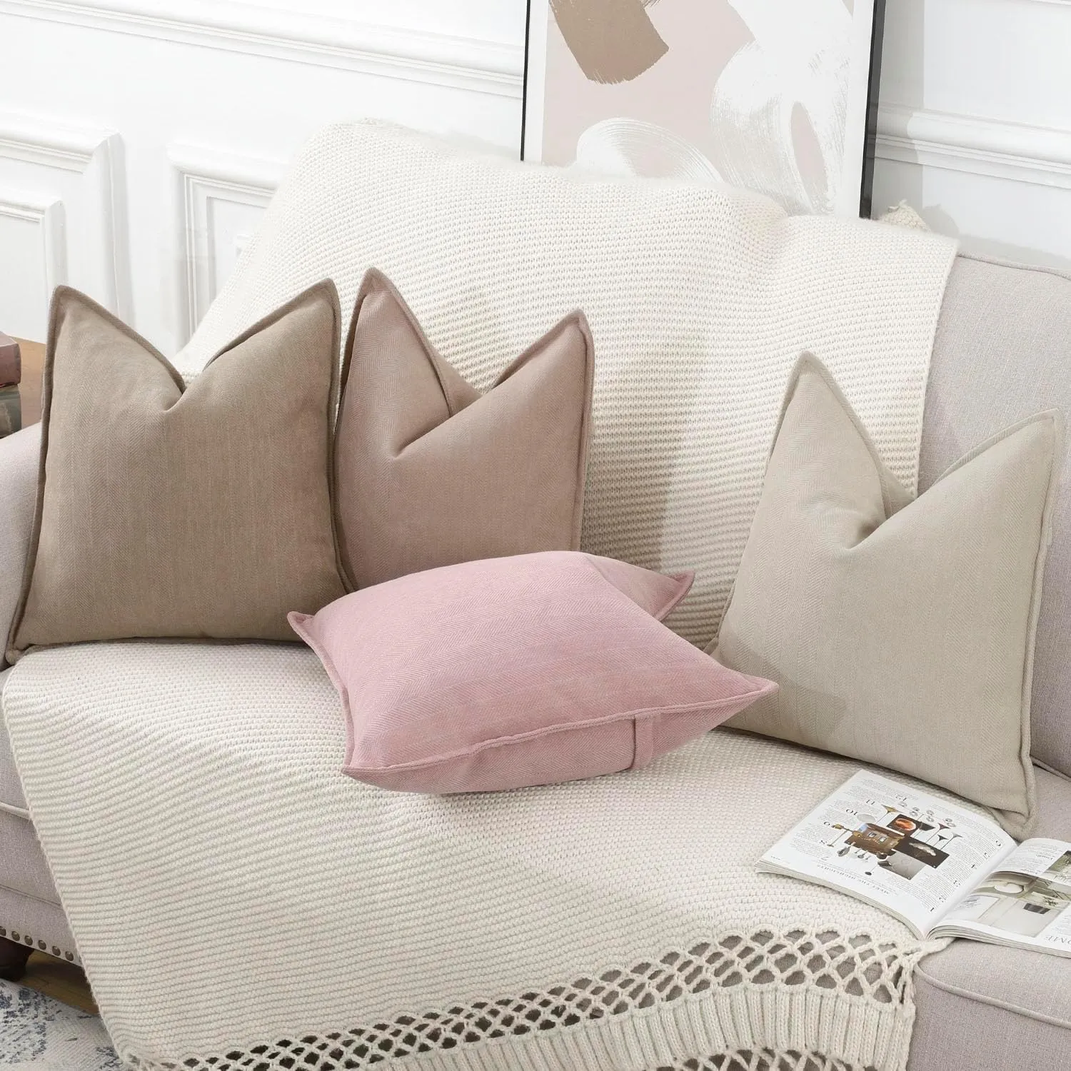 MADIZZ Textured Chenille Throw Pillow Covers Set of 2 Super Soft Decorative Pillow Covers Boho Cushion Covers Modern Pillowcases Farmhouse Home Decor for Sofa Bedroom 16x16 inch Beige