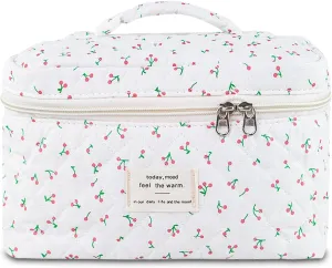 Makeup Bag, Floral Quilted Cosmetic Bag, Large Travel Aesthetic Make up Bag, Cute Coquette Toiletry Bag for Women Girls