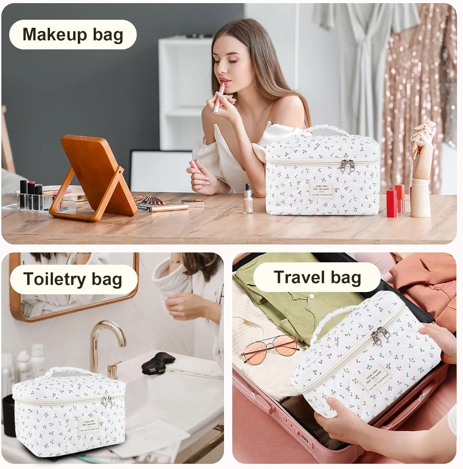 Makeup Bag, Floral Quilted Cosmetic Bag, Large Travel Aesthetic Make up Bag, Cute Coquette Toiletry Bag for Women Girls