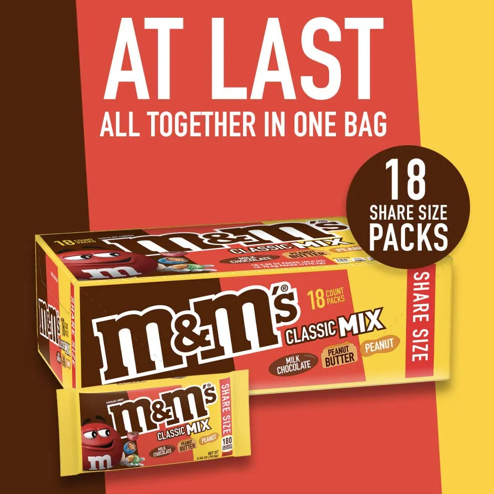 M&M'S Milk Chocolate Candy, Variety Pack, Milk Chocolate, Peanut, and Peanut Butter Full Size 2.5 oz Bag, Pack of 18 Bulk Candy