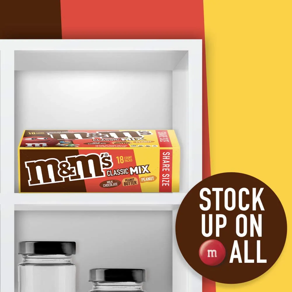 M&M'S Milk Chocolate Candy, Variety Pack, Milk Chocolate, Peanut, and Peanut Butter Full Size 2.5 oz Bag, Pack of 18 Bulk Candy