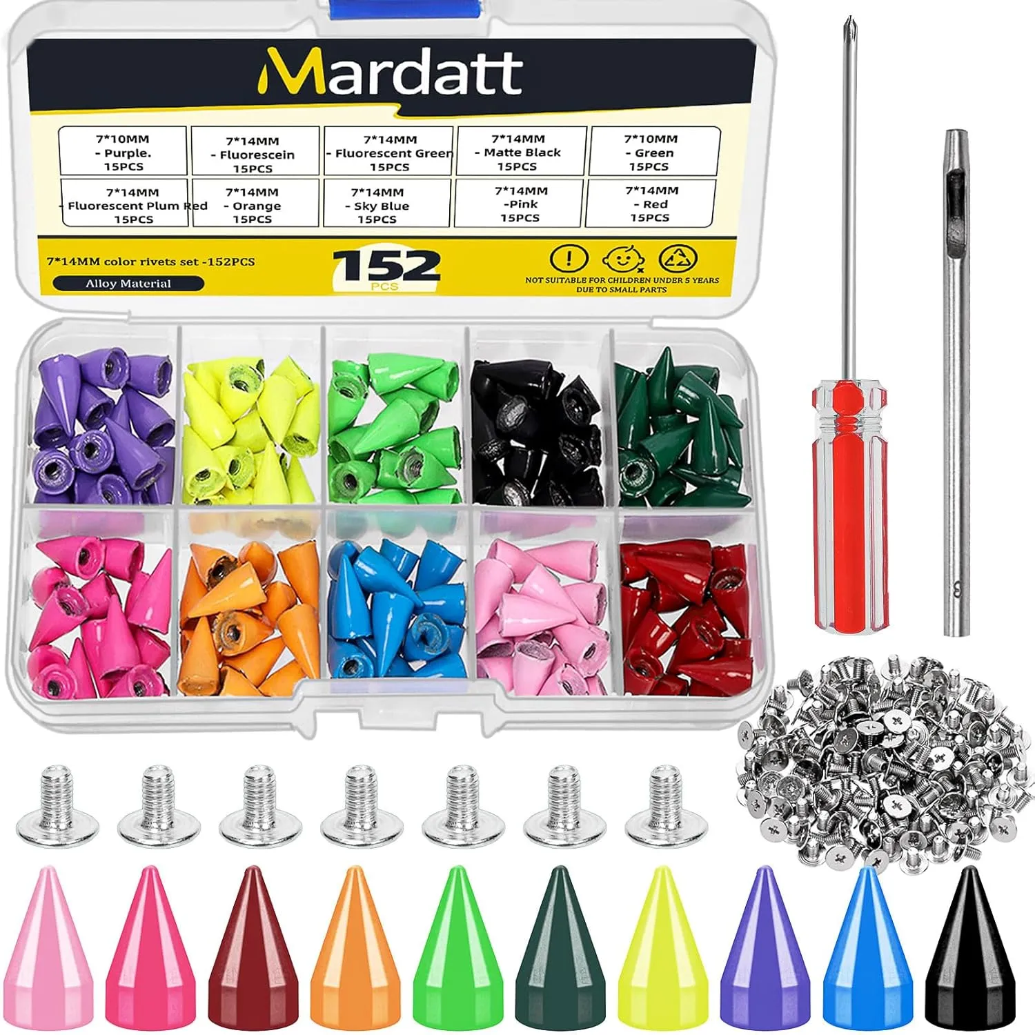 Mardatt 152Pcs 7x14MM Bullet Cone Spikes Studs Cone Spikes Punk Studs and Spikes Metallic Screw Back Spikes Kit with Hole Punch and Screwdriver for DIY Leather Punk Style Accessories