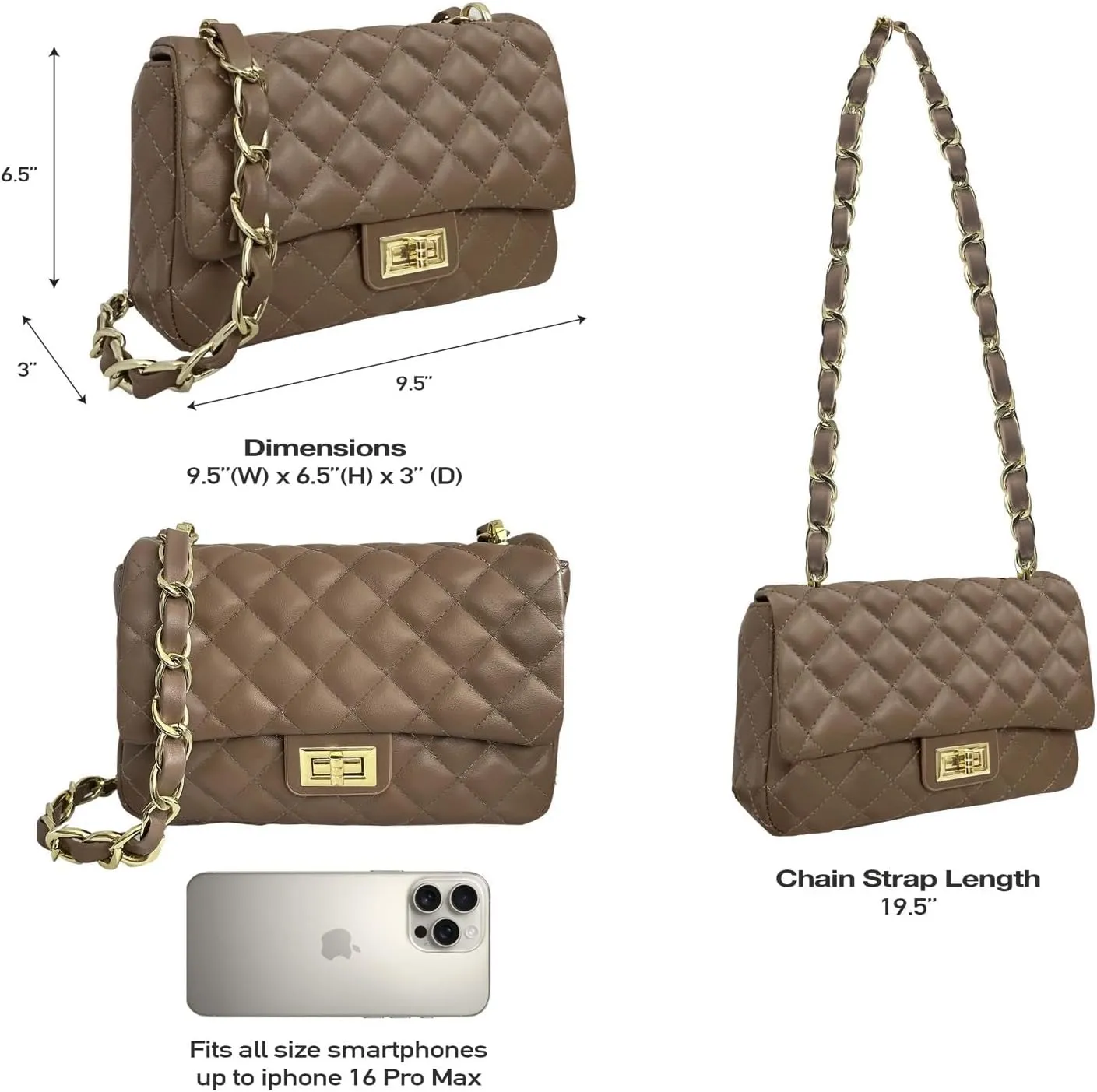 Medium Quilted Leather Crossbody Bag, Designer Soft Shoulder Light Purse, Outer Back Pocket
