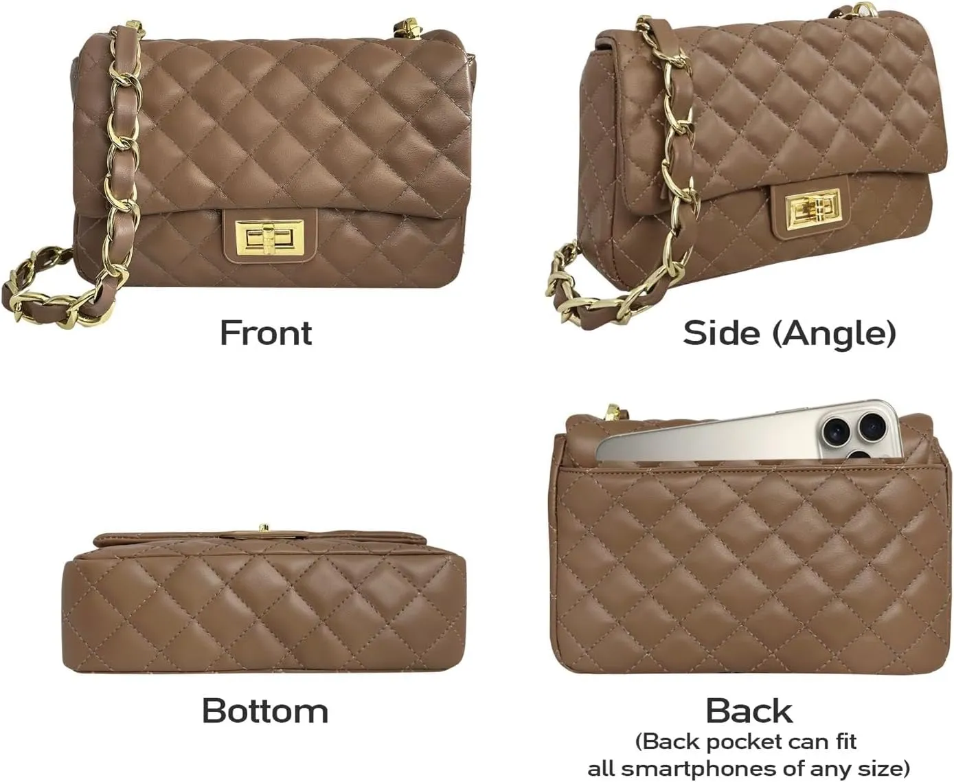Medium Quilted Leather Crossbody Bag, Designer Soft Shoulder Light Purse, Outer Back Pocket