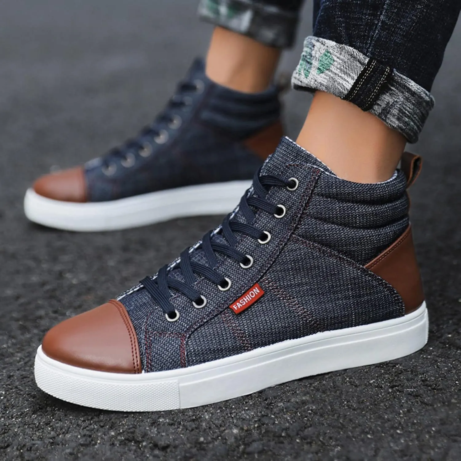 Men Shoes Fashion Casual Canvas Shoes Denim Cloth Top High Top Sports Canvas Shoes Leather Mens Boot