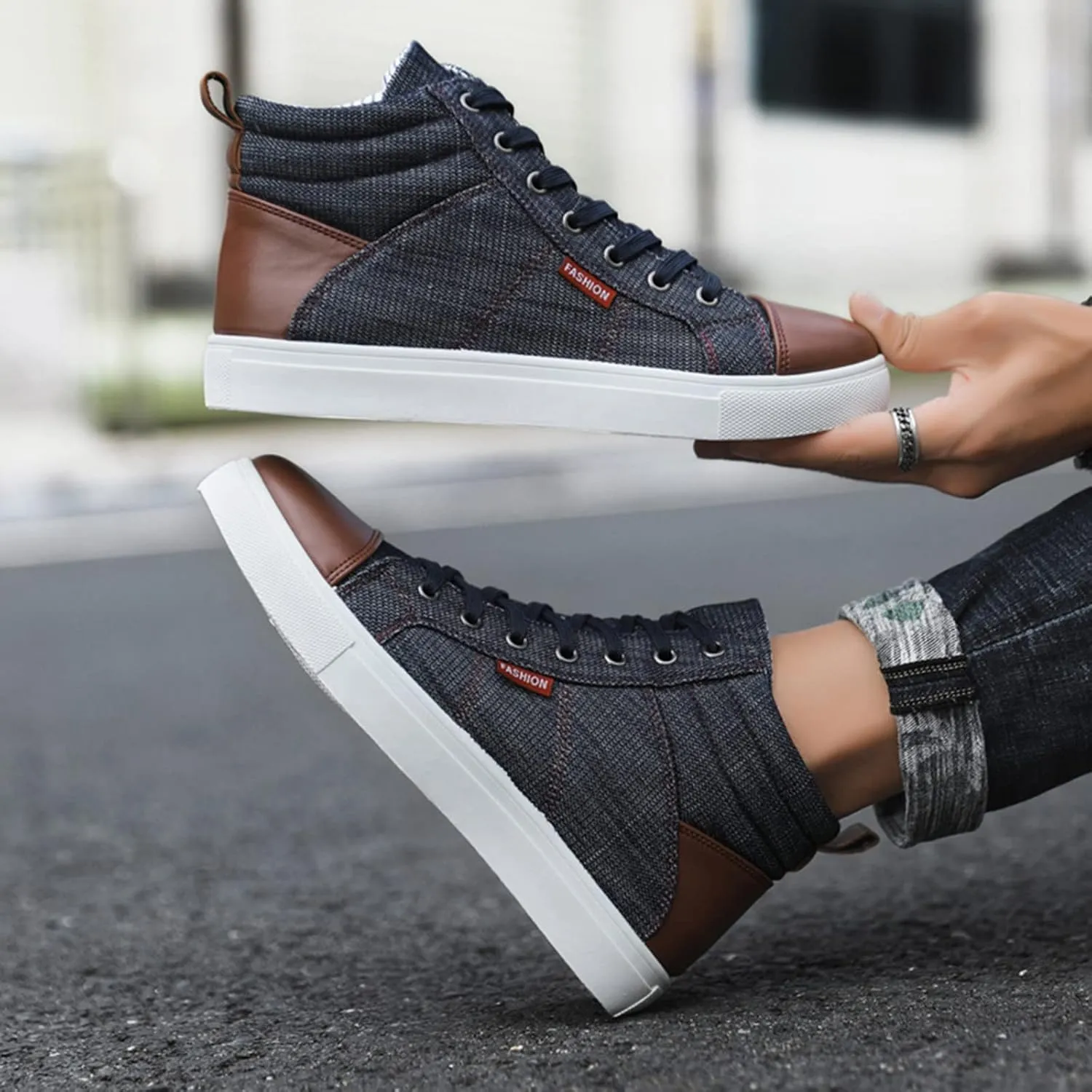 Men Shoes Fashion Casual Canvas Shoes Denim Cloth Top High Top Sports Canvas Shoes Leather Mens Boot