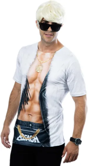 Men's Fur Coat Costume T-Shirt M, L, XL, XXL - White Faux Fur Coat, Western Fringe Vest, Horse Pendant Necklace
