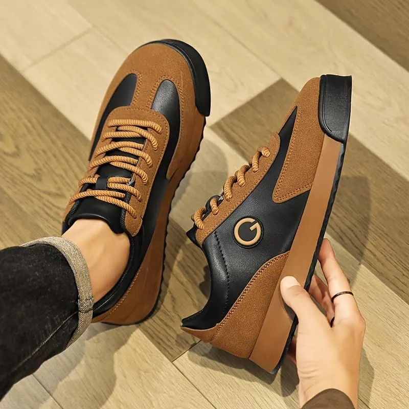 Men's Retro Sneakers - Black & Golden Logo Design, Casual Low-Top Lace-Up Shoes with Orange Accent Sole for Casual Attire and Sports, Versatile Trainers | Laceup Sneakers | Durable Sole