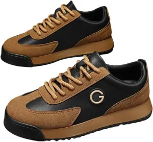 Men's Retro Sneakers - Black & Golden Logo Design, Casual Low-Top Lace-Up Shoes with Orange Accent Sole for Casual Attire and Sports, Versatile Trainers | Laceup Sneakers | Durable Sole