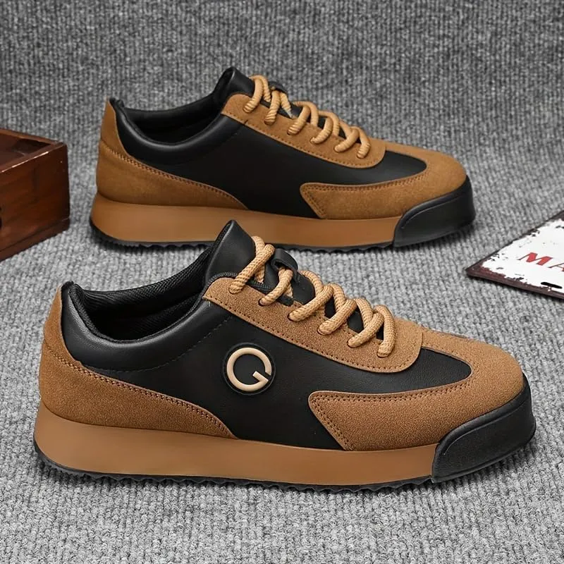 Men's Retro Sneakers - Black & Golden Logo Design, Casual Low-Top Lace-Up Shoes with Orange Accent Sole for Casual Attire and Sports, Versatile Trainers | Laceup Sneakers | Durable Sole