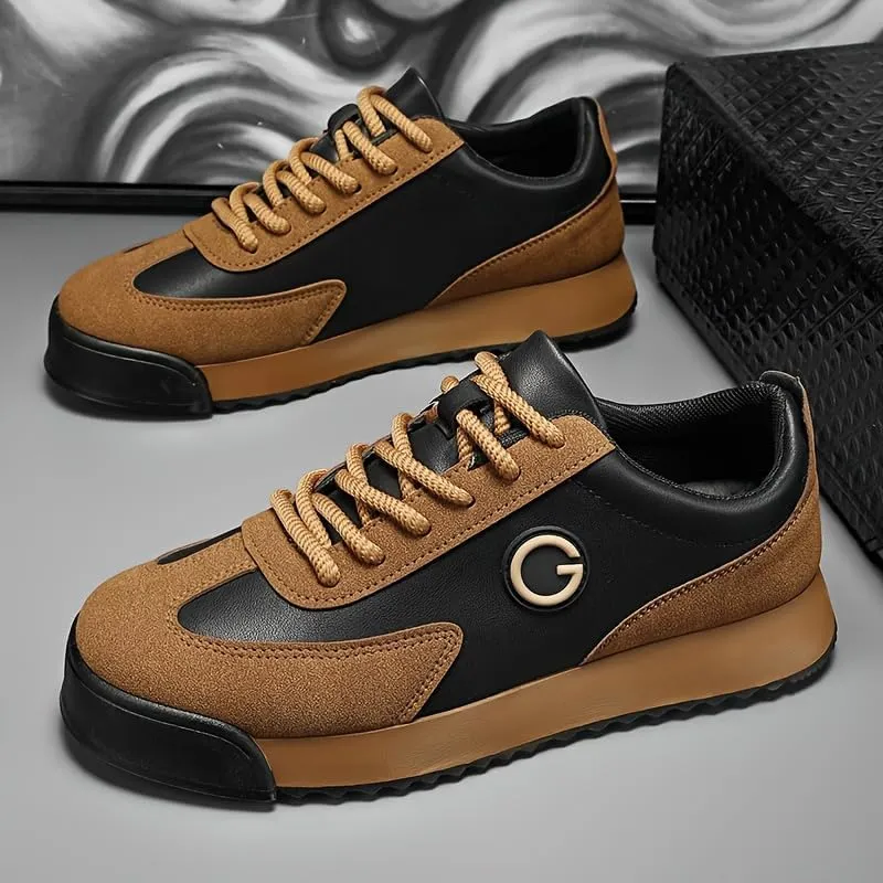 Men's Retro Sneakers - Black & Golden Logo Design, Casual Low-Top Lace-Up Shoes with Orange Accent Sole for Casual Attire and Sports, Versatile Trainers | Laceup Sneakers | Durable Sole