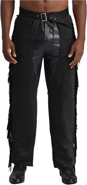 Mens Suede Fringe Motorcycle Chaps Cowboy Wester Riding Biker Vintage Chap Pants Halloween Costume