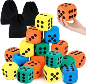 Meooeck 18 Pcs 3.15'' Large EVA Foam Dice Assorted Colors Soft Dot Dice Foam Yard Cubes with Number Dots and Storage Bag for Building Educational Toys School Party Supplies Christmas Fun Gift