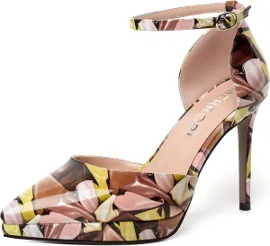 MERRORI Womens Buckle Patent Evening Sexy Solid Platform Pointed Toe Ankle Strap Stiletto High Heel Pumps Shoes 4 Inch
