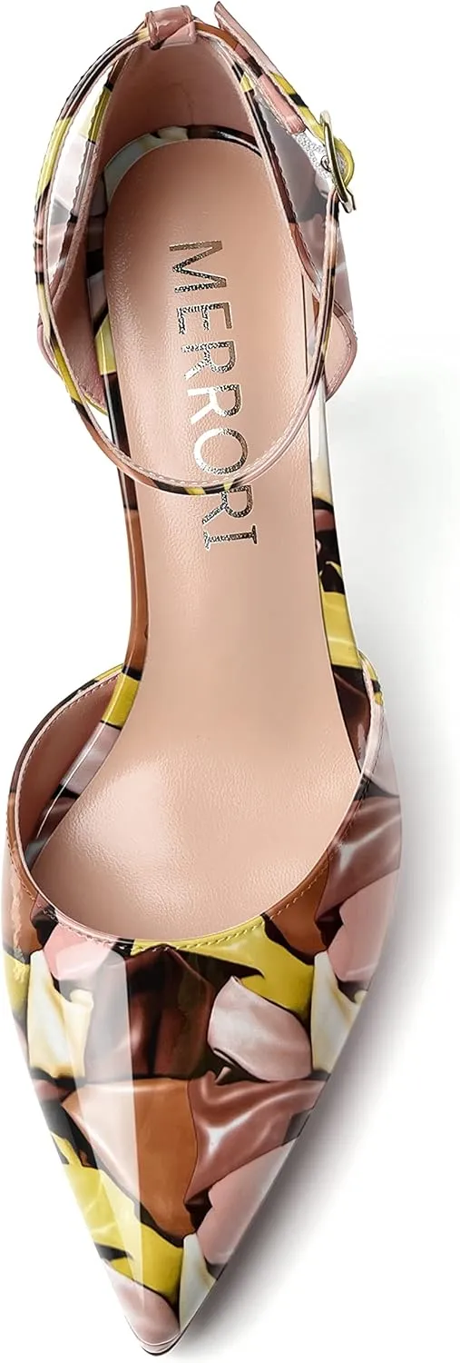 MERRORI Womens Buckle Patent Evening Sexy Solid Platform Pointed Toe Ankle Strap Stiletto High Heel Pumps Shoes 4 Inch
