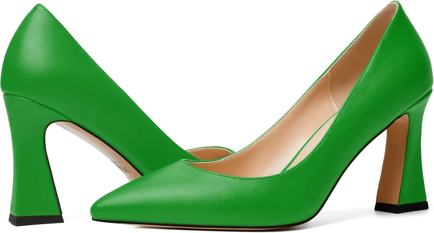 MERRORI Women's High Chunky Heels Dress Slip On Closed Toe Pointed Toe Evening Matte Heel Pumps Shoes 3.3 Inch
