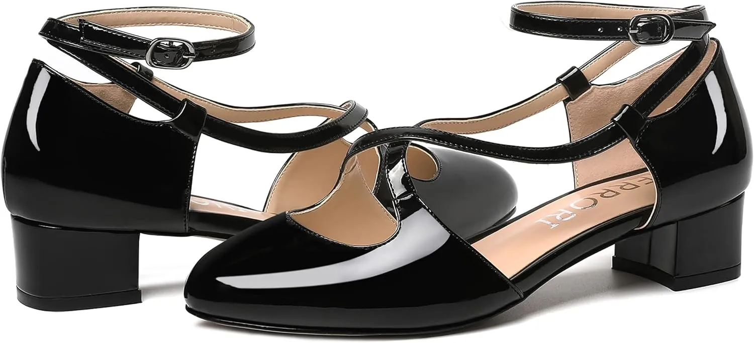 MERRORI Womens Patent Office Ankle Strap Buckle Solid Round Toe Casual Chunky Low Heel Pumps Shoes 1.5 Inch