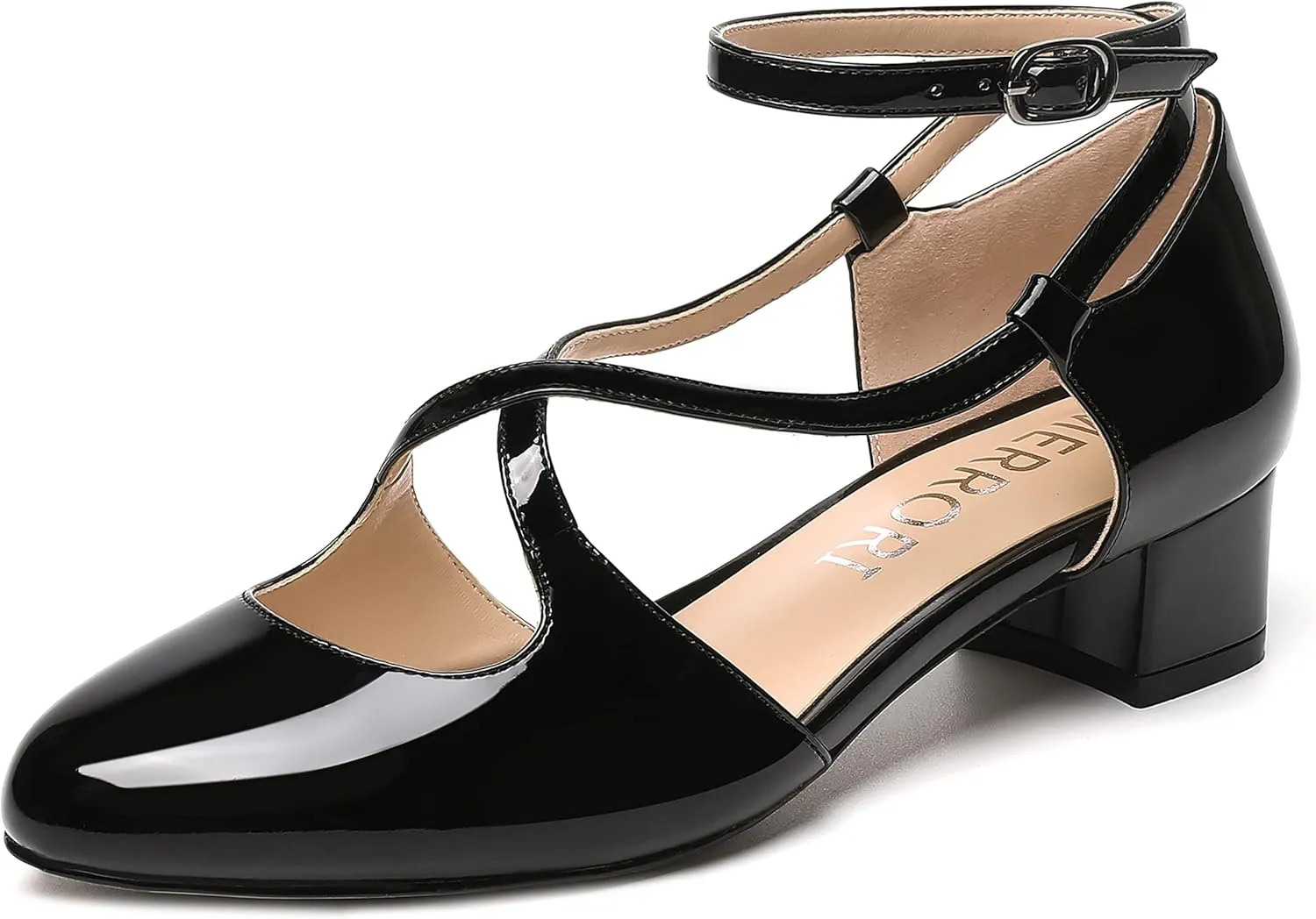 MERRORI Womens Patent Office Ankle Strap Buckle Solid Round Toe Casual Chunky Low Heel Pumps Shoes 1.5 Inch