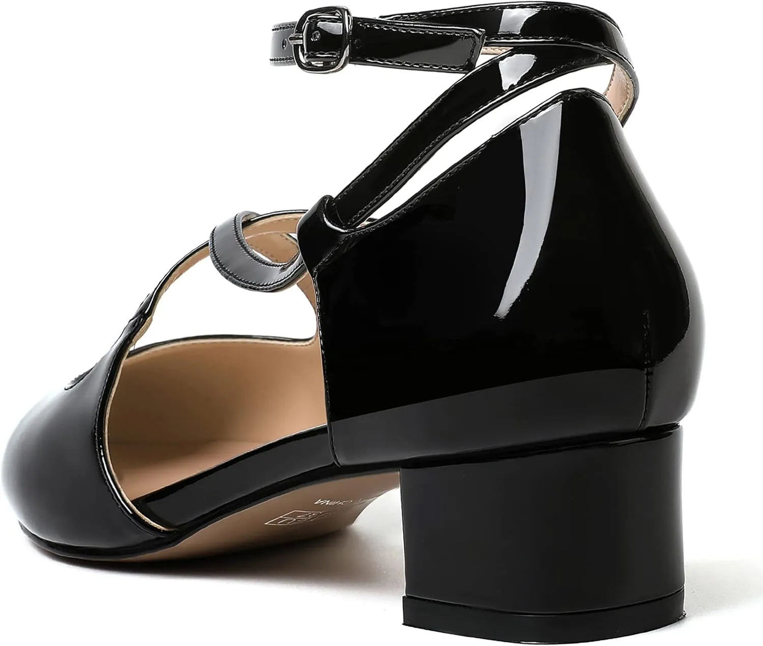 MERRORI Womens Patent Office Ankle Strap Buckle Solid Round Toe Casual Chunky Low Heel Pumps Shoes 1.5 Inch