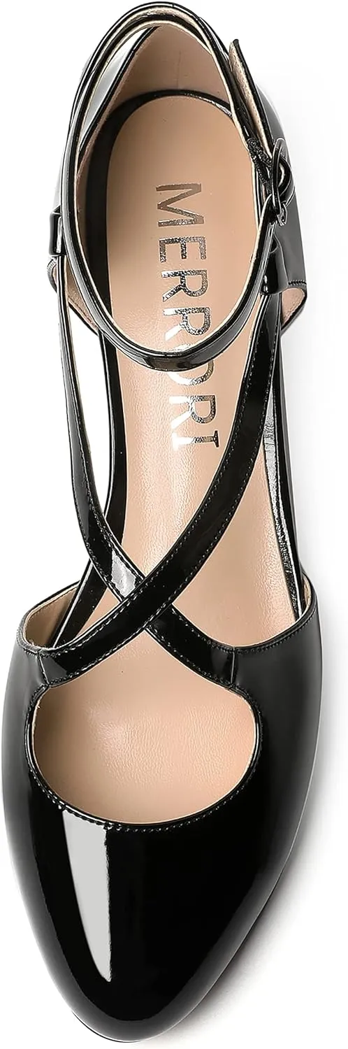 MERRORI Womens Patent Office Ankle Strap Buckle Solid Round Toe Casual Chunky Low Heel Pumps Shoes 1.5 Inch