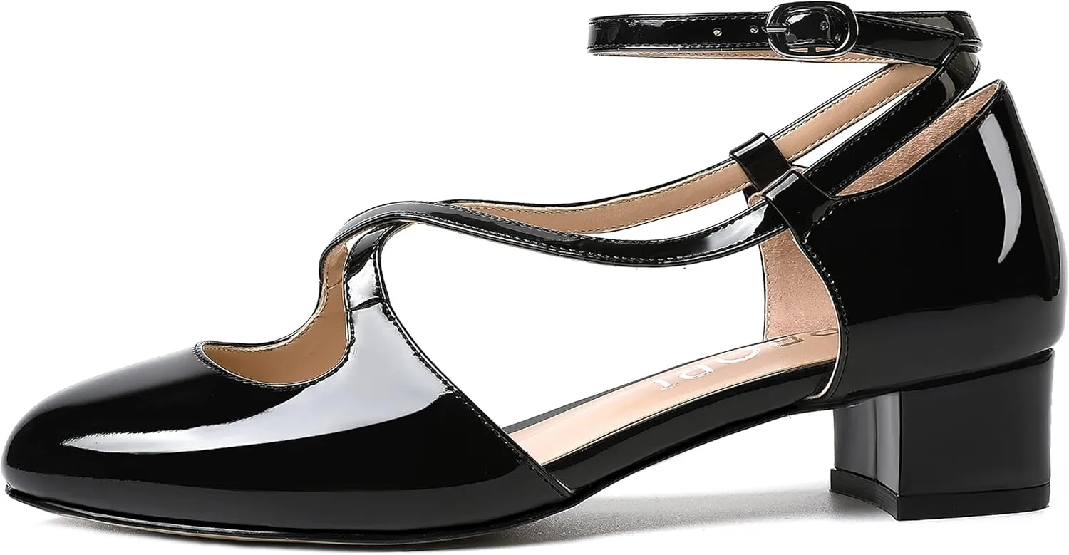 MERRORI Womens Patent Office Ankle Strap Buckle Solid Round Toe Casual Chunky Low Heel Pumps Shoes 1.5 Inch