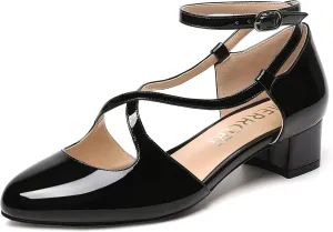 MERRORI Womens Patent Office Ankle Strap Buckle Solid Round Toe Casual Chunky Low Heel Pumps Shoes 1.5 Inch