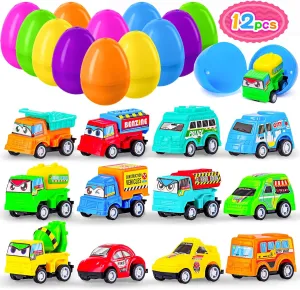 MGparty 12 Pack Prefilled Easter Eggs with Car Toys for Kids Bulk Plastic Eggs Pull Back City Truck Vehicles Easter Goodie Bags Stuffers for Toddlers Boys Girls
