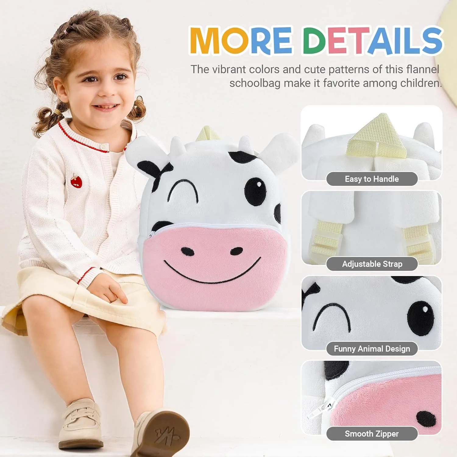 MICHLEY Toddler Backpack Plush Animal SchoolBag Cartoon Girls Travel Bag Mini Baby Daypack for Kids Kindergarten Pre School Bags, Cow