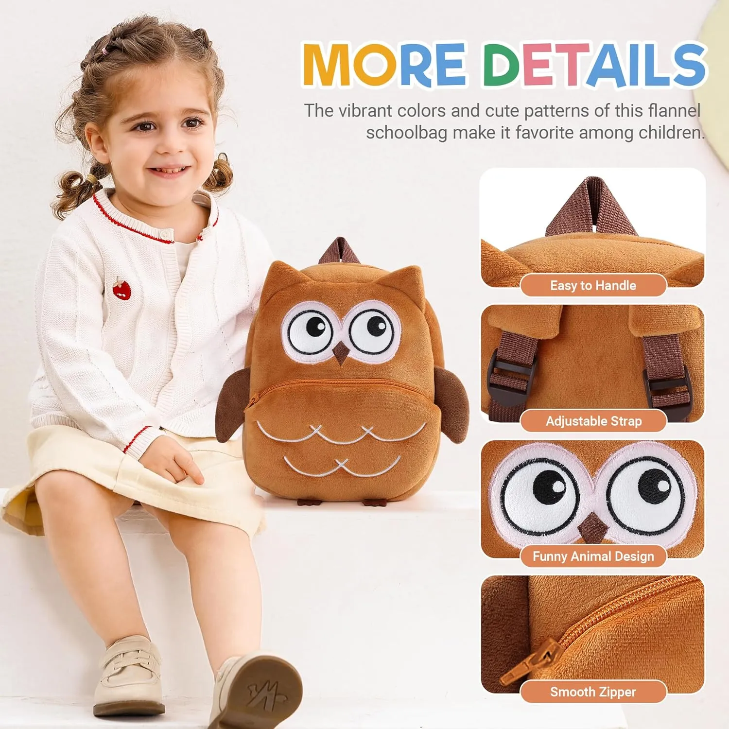 MICHLEY Toddler Backpack Plush Animal SchoolBag Cartoon Girls Travel Bag Mini Baby Daypack for Kids Kindergarten Pre School Bags, Owl