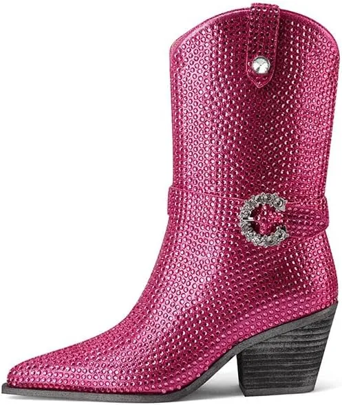 Mi.iM Women's Rhinestone Cowboy Boots Knee High Wide Calf Cowgirl Boots Western Pointed Toe Chunky Heel Sparkly Cowgirl Booties Pull On Cowboy Boots for Women