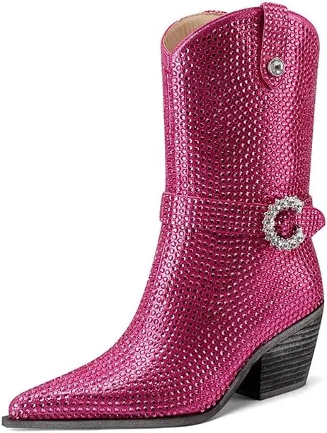 Mi.iM Women's Rhinestone Cowboy Boots Knee High Wide Calf Cowgirl Boots Western Pointed Toe Chunky Heel Sparkly Cowgirl Booties Pull On Cowboy Boots for Women
