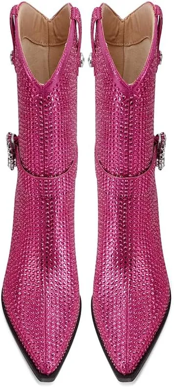 Mi.iM Women's Rhinestone Cowboy Boots Knee High Wide Calf Cowgirl Boots Western Pointed Toe Chunky Heel Sparkly Cowgirl Booties Pull On Cowboy Boots for Women