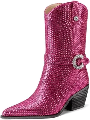 Mi.iM Women's Rhinestone Cowboy Boots Knee High Wide Calf Cowgirl Boots Western Pointed Toe Chunky Heel Sparkly Cowgirl Booties Pull On Cowboy Boots for Women