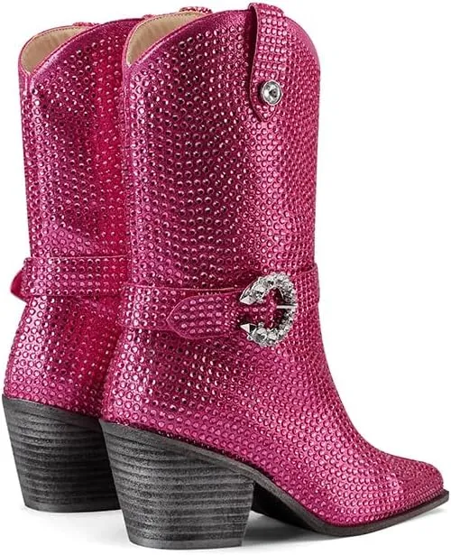 Mi.iM Women's Rhinestone Cowboy Boots Knee High Wide Calf Cowgirl Boots Western Pointed Toe Chunky Heel Sparkly Cowgirl Booties Pull On Cowboy Boots for Women