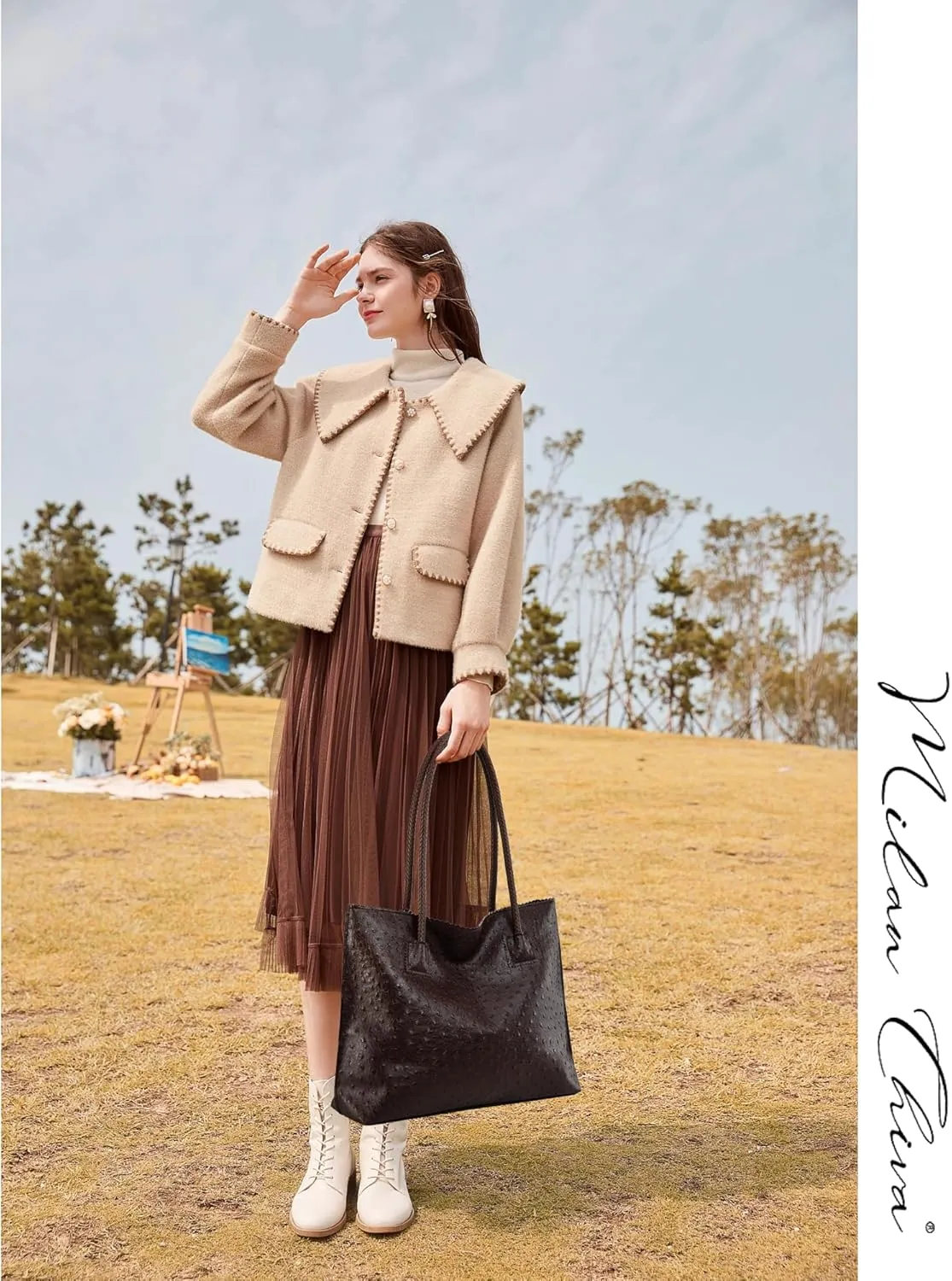 Milan Chiva Tote Bag for Women with Zipper Large Ostrich Vegan Leather Shoulder Purses and Handbags