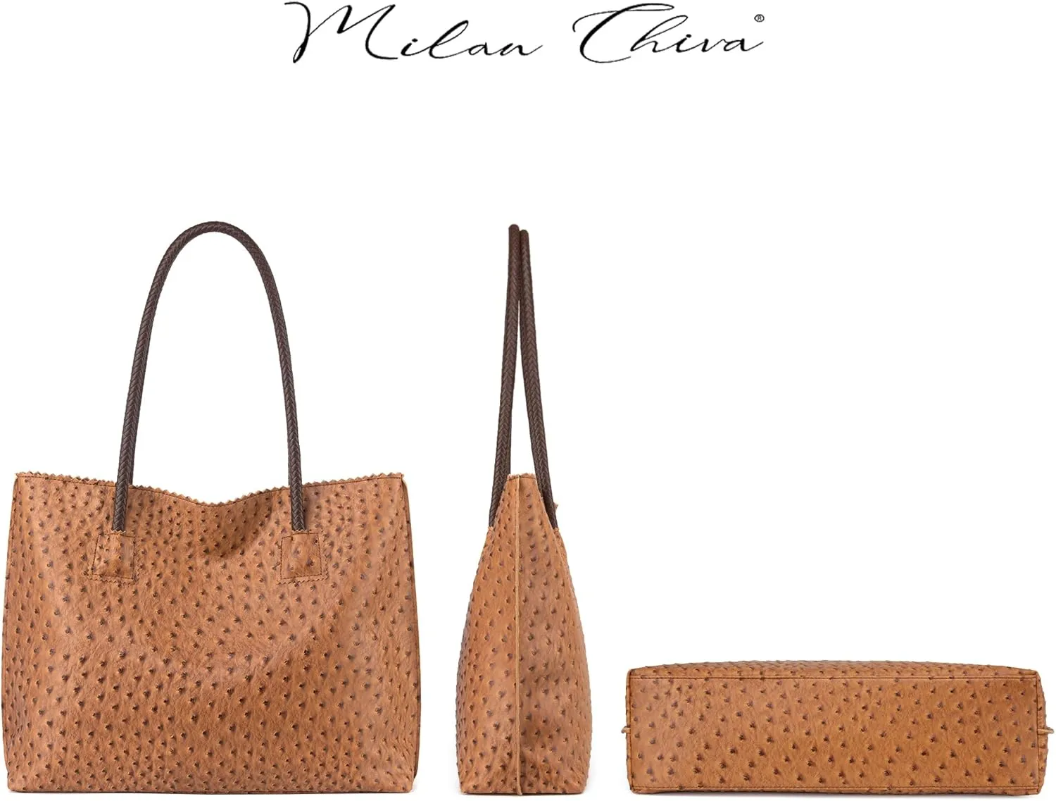 Milan Chiva Tote Bag for Women with Zipper Large Ostrich Vegan Leather Shoulder Purses and Handbags