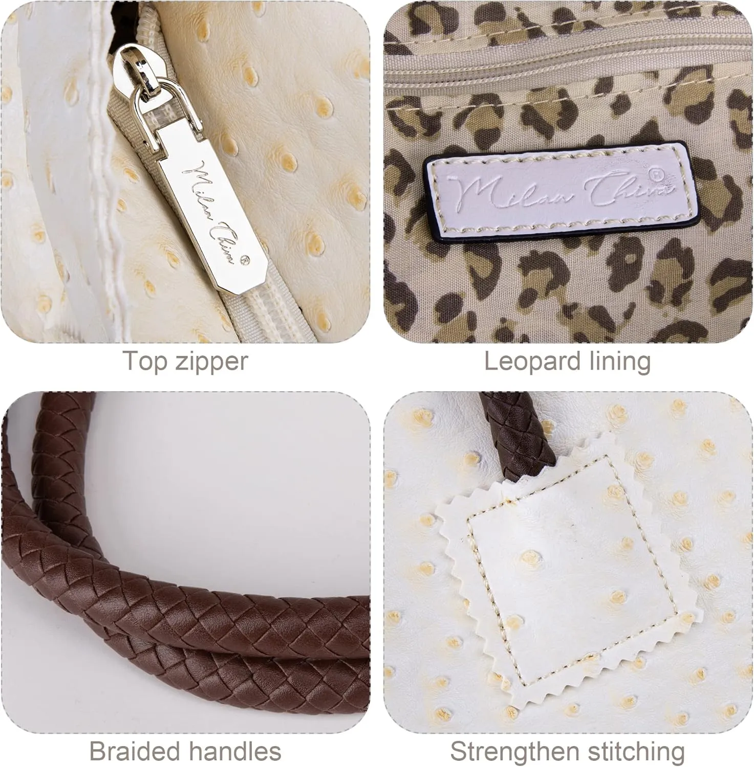 Milan Chiva Tote Bag for Women with Zipper Large Ostrich Vegan Leather Shoulder Purses and Handbags