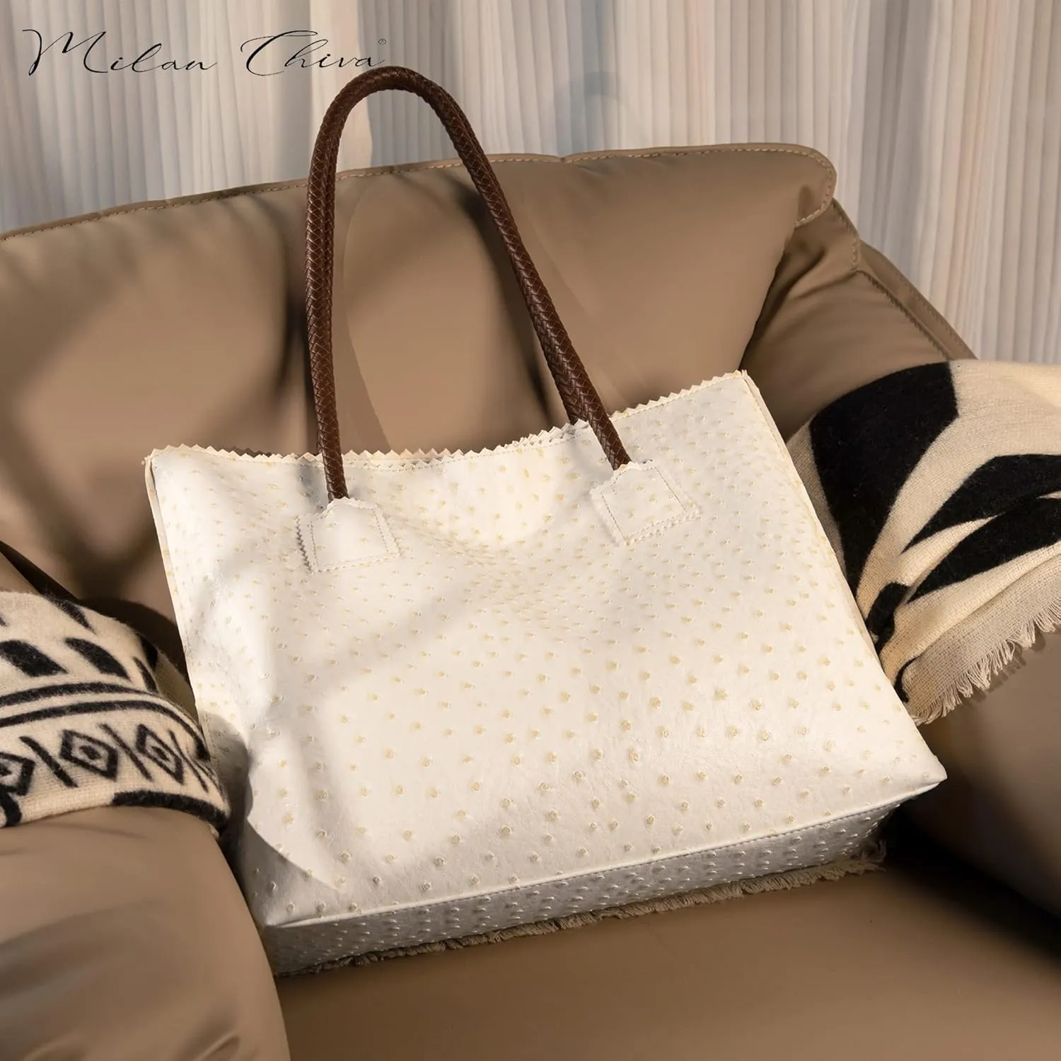 Milan Chiva Tote Bag for Women with Zipper Large Ostrich Vegan Leather Shoulder Purses and Handbags
