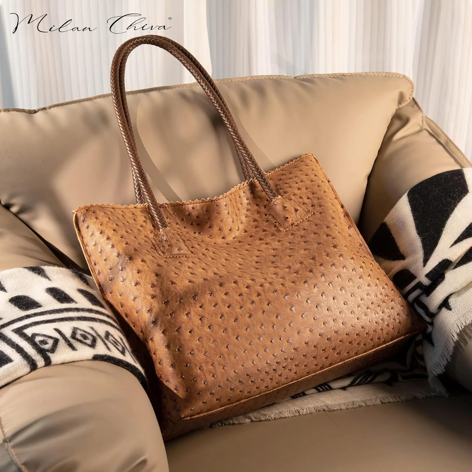 Milan Chiva Tote Bag for Women with Zipper Large Ostrich Vegan Leather Shoulder Purses and Handbags
