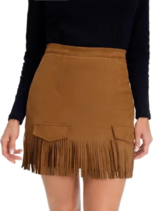 Milumia Women's Casual Faux Suede Fringe Mini Skirt High Waisted Bodycon Short Skirts