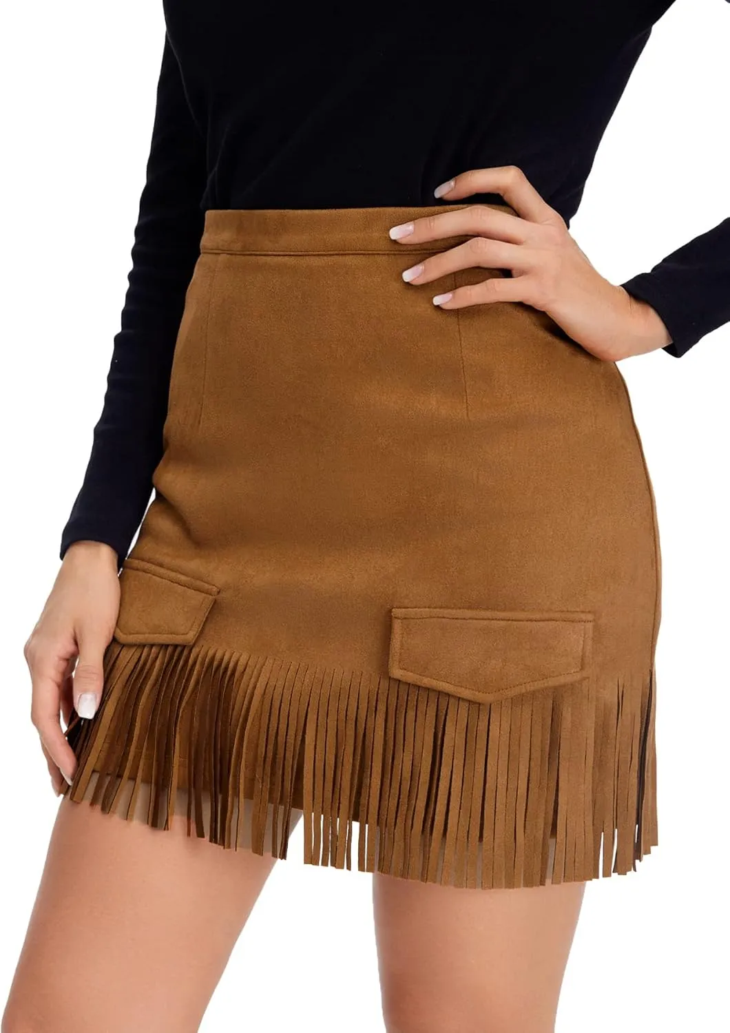 Milumia Women's Casual Faux Suede Fringe Mini Skirt High Waisted Bodycon Short Skirts