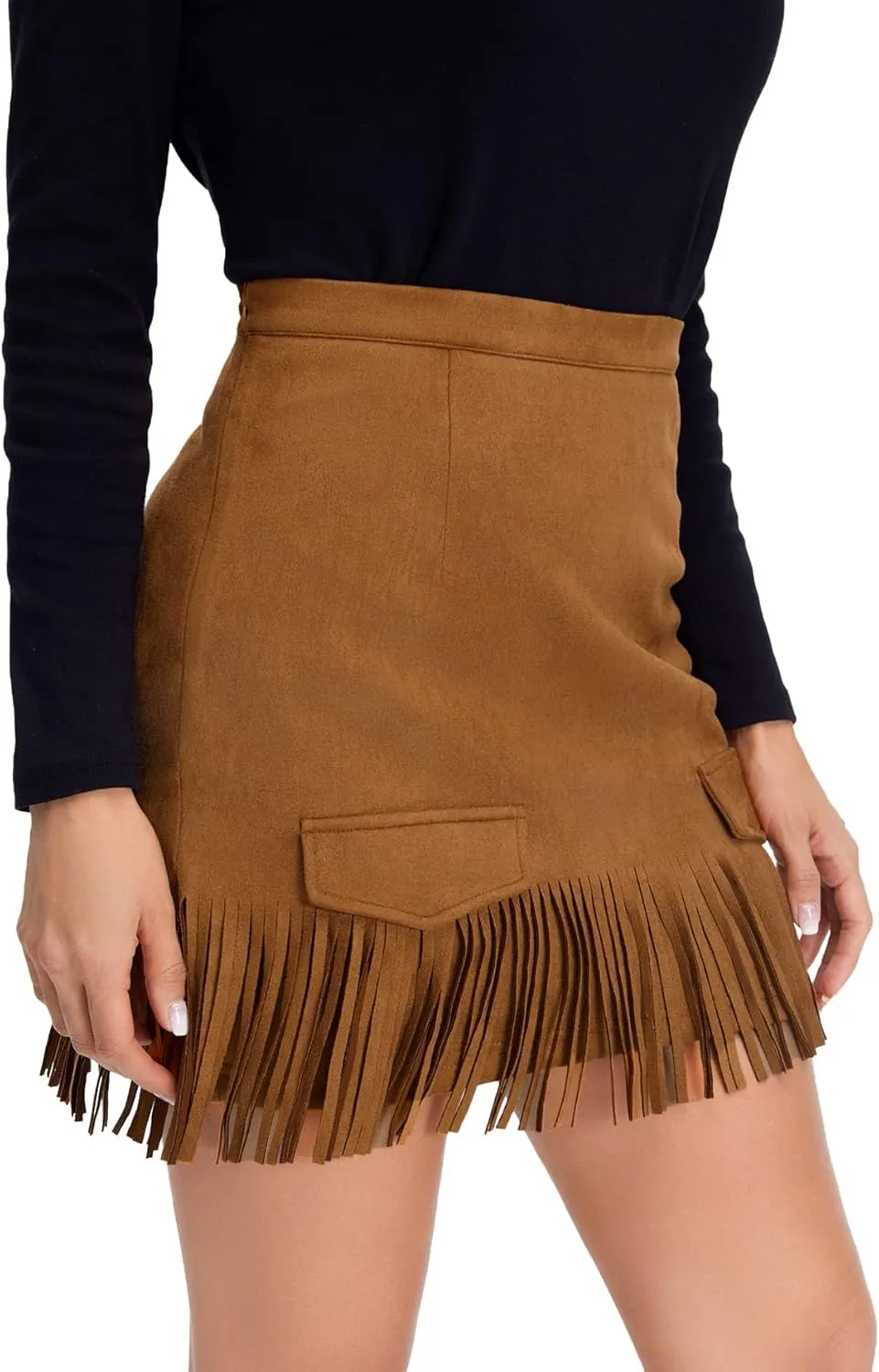 Milumia Women's Casual Faux Suede Fringe Mini Skirt High Waisted Bodycon Short Skirts