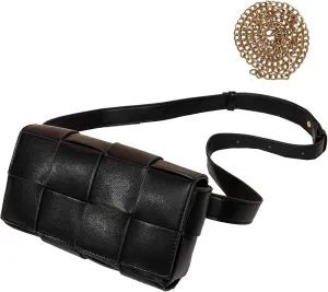Mini Woven Lether Purse Crossbody, Waist Pack Bag with Adjustable Belt, Fanny Packs Purse, Shoulder Handbags (Black)