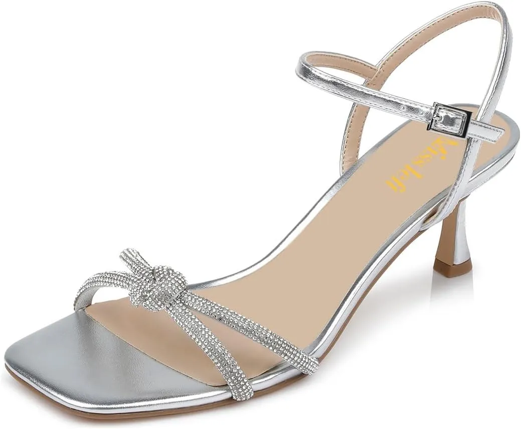 miss left Women's Sexy Sparkly Rhinestone Mid Heel Sandals Knots Square Toe Kitten Heels Strappy Buckle Pumps Chic Wedding Bridal Club Shoes Size 4-16 US