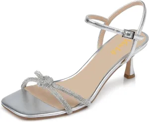 miss left Women's Sexy Sparkly Rhinestone Mid Heel Sandals Knots Square Toe Kitten Heels Strappy Buckle Pumps Chic Wedding Bridal Club Shoes Size 4-16 US
